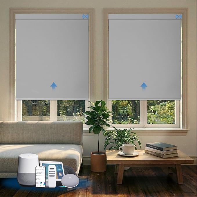 Motorized Blinds with Remote, Blackout Smart Blinds for Windows Automatic Roller Shades Compatible with Alexa, Motorized Shades Customized for Bedroom Home Office (Blackout-Light Grey)