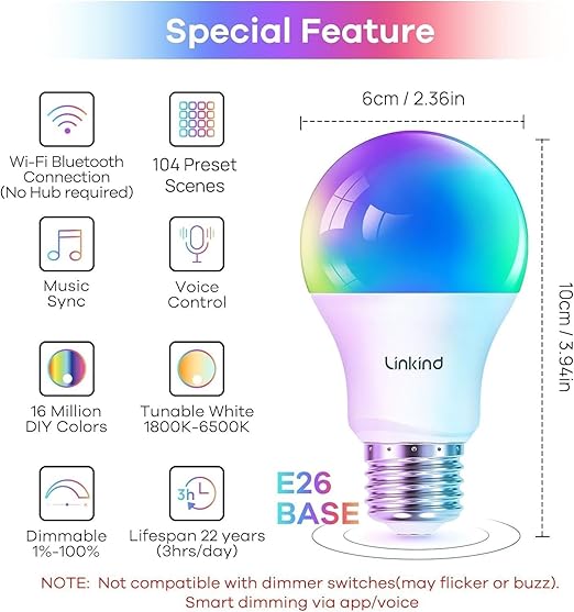 Linkind Color Changing Smart WiFi Light Bulbs, Compatible with Alexa & Google Home Bundle with Linkind Matter Smart Plug, Work with Apple Home, Siri, Alexa, Google Home, SmartThings