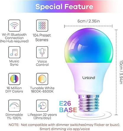 Linkind Color Changing Smart WiFi Light Bulbs, Compatible with Alexa & Google Home Bundle with Linkind Matter Smart Plug, Work with Apple Home, Siri, Alexa, Google Home, SmartThings