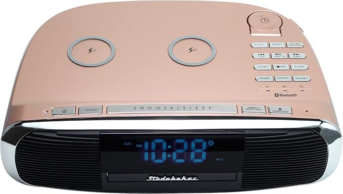 Studebaker Workstaton HiFi Music System with Bluetooth, FM Radio, CD, and Qi Wireless Charging Station (Rose Gold)