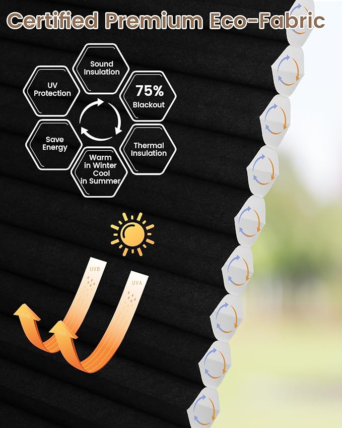Kincmo Motorized Cellular Shades, Custom Motorized Blinds with Remote, Cordless Smart Electric Honeycomb Blinds Work with Apple HomeKit, Alexa, Google (75%-Blackout-Single-Cell Black)