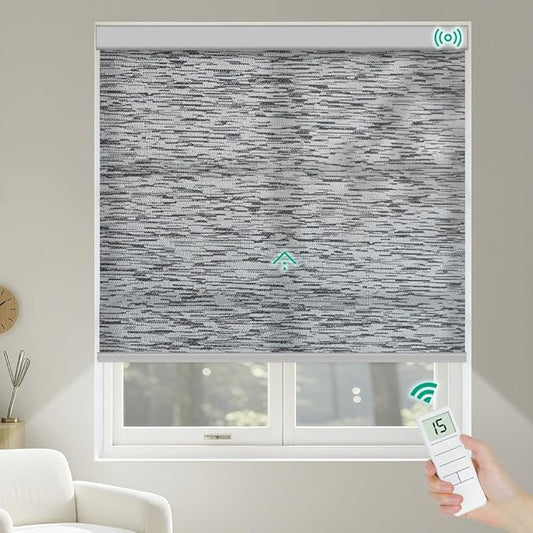 Motorized Roller Shades, Light Filtering Remote Control Custom Window Shades Compatible with Alexa Google Assistant via RF Hub, Rechargeable Electric Blinds for Windows (Texture Black Grey)