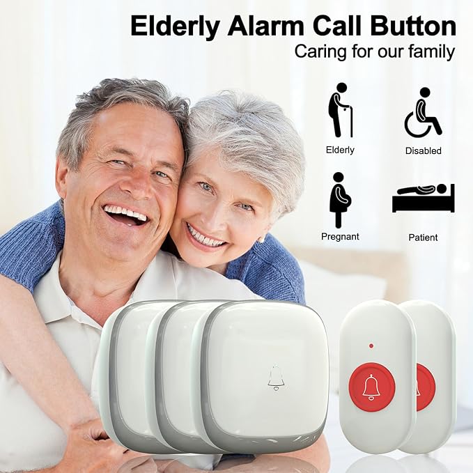 Call Button for Elderly at Home, Caregiver Pager | Fall Alert Devices for Elderly 500+ft for Home/Elderly/Pregnant Women/Disabled, 3 Receivers+2 Transmitters
