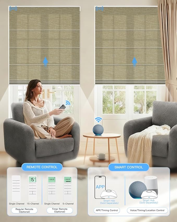 Motorized Roman Shades for Windows, Custom Light Filtering Roman Blinds with Remote, Smart Privacy Window Shades for Living Room Kitchen Office, Alexa & Google Home Compatible, App Control via RF Hub