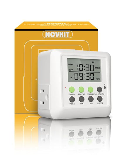 NOVKIT 3-in-1 Dual Outlet Timer Plug with Interval Cycle for Indoor, 7 Day 24 Hour Programmable Digital Repeat Timer Switch(15A, 1875W)