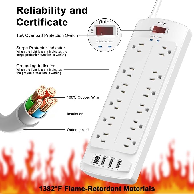 Yintar 6Ft Surge Protector Power Strip with 12 Outlets and 4 USB Ports | 6 Feet Flat Plug Extension Cord with Multiple Outlets for Home, Office, Dorm Essentials, 2700 Joules, ETL, White
