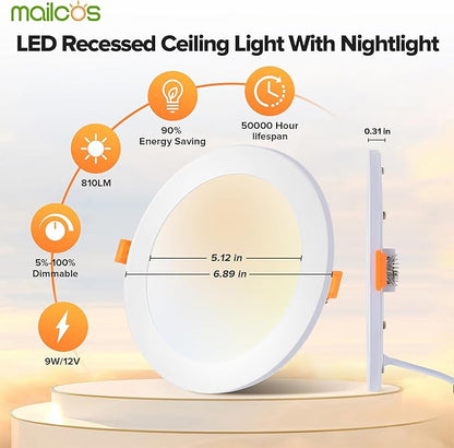 MAILCOS 12 Pack 6 Inch 5CCT LED Recessed Ceiling Light with Night Light, 2700K-5000K Selectable, Ultra-Thin Lighting, 12W=110W, 1050LM, Dimmable Canless Wafer Downlight ETL Certificated