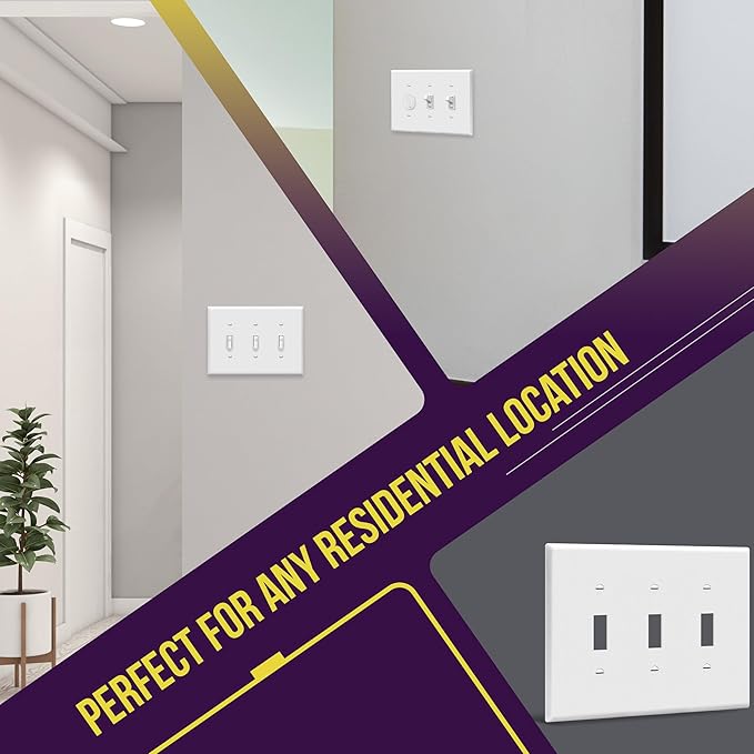 ENERLITES Toggle Light Switch Wall Plate, Gloss Finish, 3-Gang 4.88" x 6.77", Mid-Size, Unbreakable Polycarbonate Thermoplastic, UL Listed, 8813M-W, White