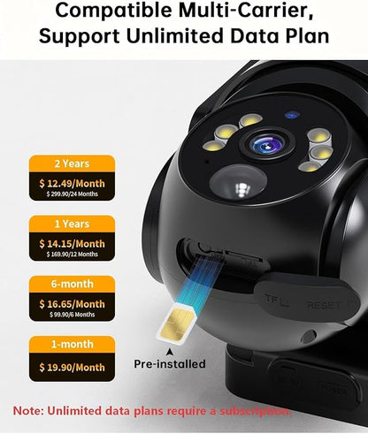 No WiFi Security Camera with Built-in 4G LTE SIM Card, 360° Panoramic View, 2K Live Video, Color Night Vision, Instant Alerts, Phone Access, Solar Cellular Camera Outdoor for Remote Area (2PC)