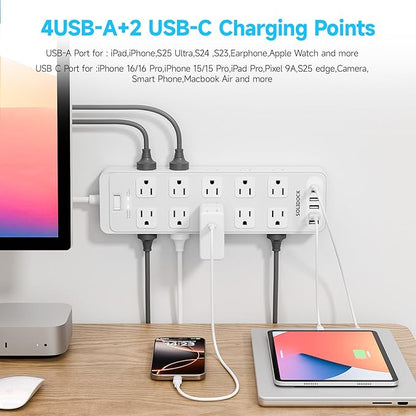 20 Outlet Power Strip with USB C,6Ft Extension Cord with Multiple Outlets, 2700 Joules Surge Protector,1875W/15A, ETL Listed for Home Office Dorm Gaming (White, 6FT)