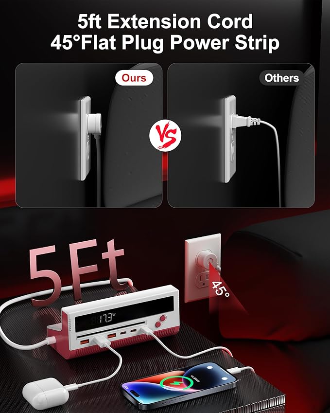 10-in-1 USB Charging Station, 4 Outlets Power Strip with 6 USB, 5 FT Long Extension Cord, 45° Flat Plug, 20W Fast Mulit Charging Station for Home Office Travel Plug Extension Outlet (Red)