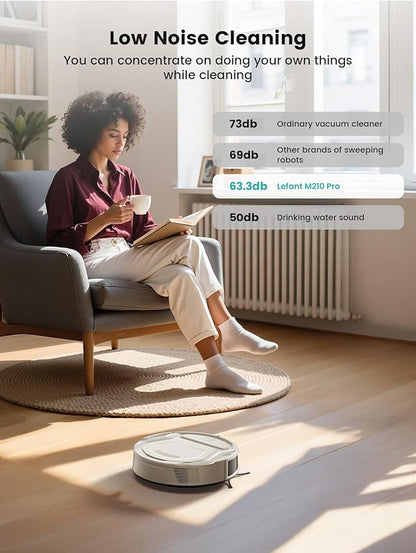 Lefant Robot Vacuum Cleaner M210 Pro,Slim,Quiet,2200Pa Suction,120 Min Self-Charging Robotic Vacuums, Freemove 3.0,WiFi/APP/Alexa,6 Cleaning Modes Ideal for Hard Floors Pet Hair Low Carpet,Champagne
