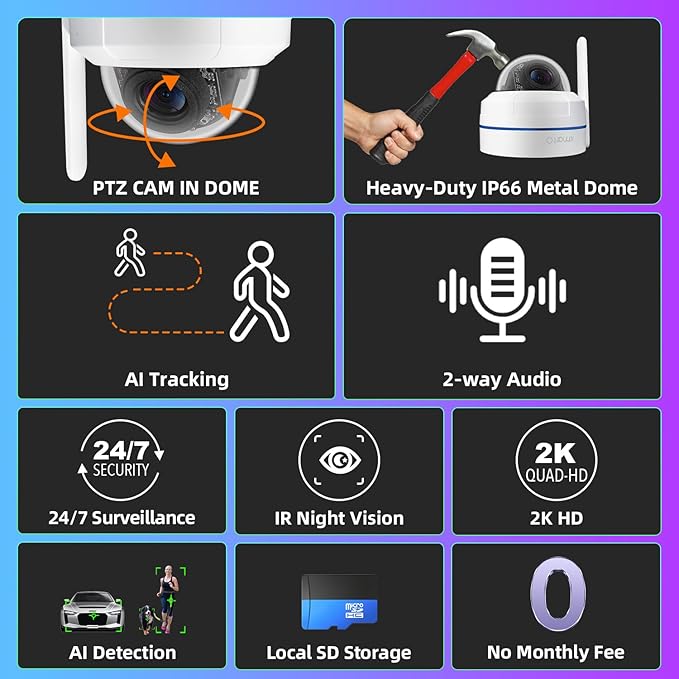 xmartO Wireless 4X DPK3034 AI Tracking 2K HD Metal Dome PTZ Camera + 10CH WNP810-W6 WiFi 6 NVR Bundle, Dual WiFi, H.265+, No Monthly Fee, IP66 Weatherproof, Home Outdoor Security System