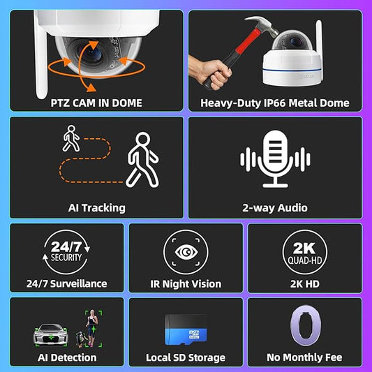 xmartO Wireless 14X DPK3034 AI Tracking 2K HD Metal Dome PTZ Camera + 16CH WNP816-W6 WiFi 6 NVR Bundle, Dual WiFi, H.265+, No Monthly Fee, IP66 Weatherproof, Home Outdoor Security System