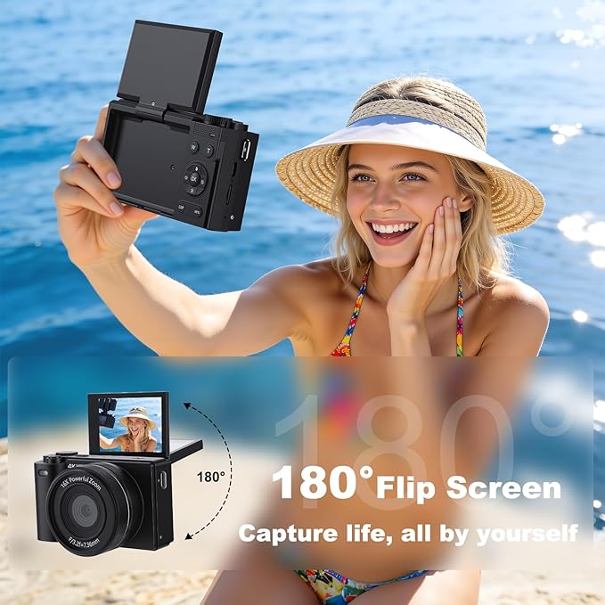 4K Digital Camera for Photography & Video: 64MP Vlogging Camera with 2.8”180° Flip Screen, Autofocus, 16X Digital Zoom, 32GB Card, Compact Point & Shoot Travel Camera for Beginners & Teens