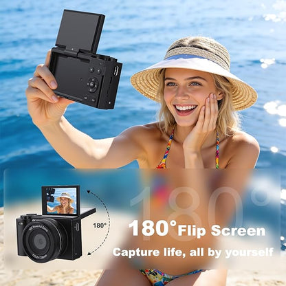 4K Digital Camera for Photography & Video: 64MP Vlogging Camera with 2.8”180° Flip Screen, Autofocus, 16X Digital Zoom, 32GB Card, Compact Point & Shoot Travel Camera for Beginners & Teens