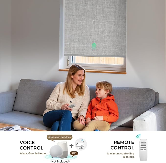 HeyBlinds Blackout Motorized Smart Blinds with Remote, Automatic Electric Shades for Windows (Breeze- Light Grey BO, 33" W x 72" H)