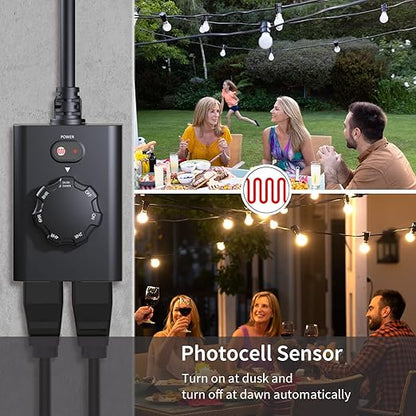 Minoston Outdoor Timer 2 Pack, Dusk to Dawn Outlet With 2 Grounded Outlets, 2-8 Hour Settings for Halloween Christmas Lights, ETL Listed (MP41T)