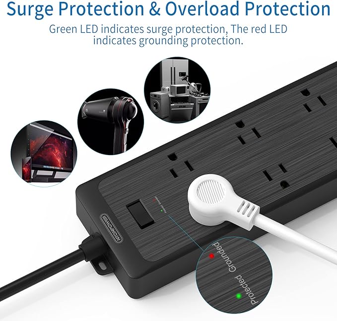 NTONPOWER Flat Plug Power Strip with 3 USB Ports, 6 Extra Widely Spaced Outlets, 1700 Joules Surge Protector, 15A Circuit Breaker, 5 FT Extension Cord, Black