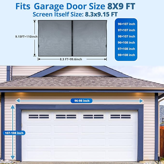 Garage Door Screen for 1 Car 8x9FT, Magnetic Screen Garage with Retractable Fiberglass Mesh and Heavy Duty Weighted Bottom, Easy Assembly & Pass, Hands Free Screen Door w/ 44 Magnets for Garage/Patio