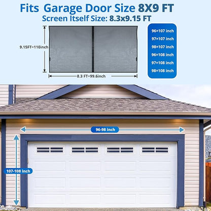 Garage Door Screen for 1 Car 8x9FT, Magnetic Screen Garage with Retractable Fiberglass Mesh and Heavy Duty Weighted Bottom, Easy Assembly & Pass, Hands Free Screen Door w/ 44 Magnets for Garage/Patio