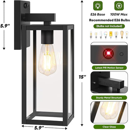 BesLowe Upgraded Motion Sensor Outdoor Wall Lights, 15” Dusk to Dawn Porch Lights Outdoor Wall Sconce Lanterns, 3 Lighting Modes Exterior Lighting Fixtures, Black Outside Lights for House, 2-Pack