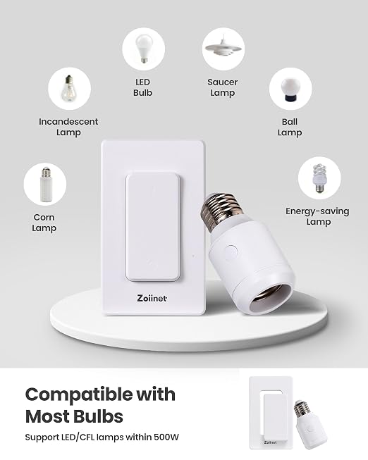 Zoiinet 500W Remote Control Light Bulb Socket, Wireless Light Switch for Pull Chain Lighting Fixture, E26 E27 Bulbs Base Holder, Programmable, No Wiring Needed, for Bedroom, Stair, Closet & Garage | 300ft, for Pull Chain Light Fixture, E26 E27 Bulbs Ba...