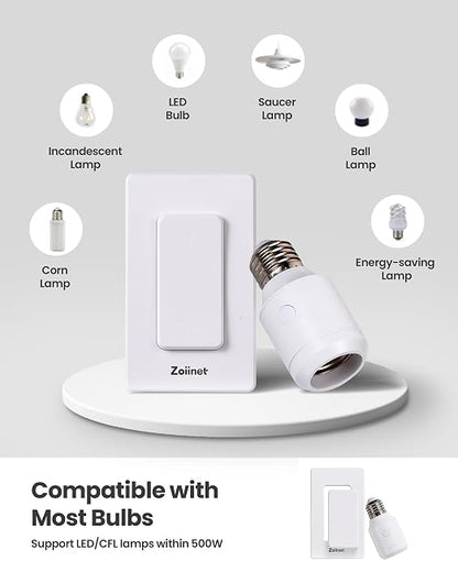 Zoiinet 500W Remote Control Light Socket, Wireless Light Switch UL, 2 Pack | 300ft, for Pull Chain Light Fixture, E26 E27 Bulbs Base Holder, Programmable, No Wiring, for Bedroom, Stair, Closet & Garage