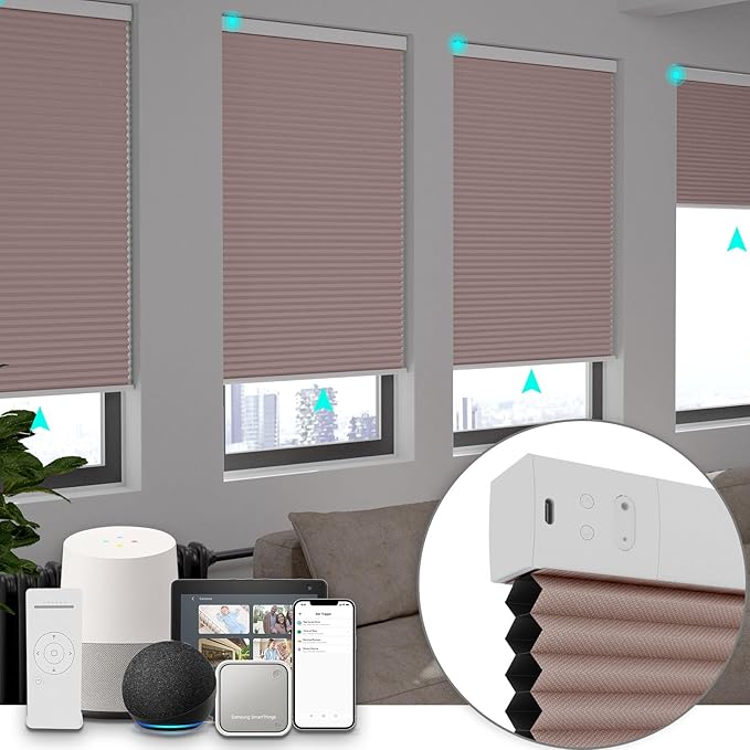 Changshade Blackout Smart Blinds Cellular Shades for Windows Doors Motorized with Remote Control, Custom Size Automatic Honeycomb Blind Electric Power Compatible with Alexa, Google Home, Pink