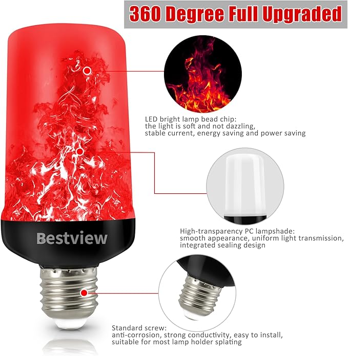 Bestview LED Flame Effect Light Bulbs,4 Modes Smart E26/E27 Base Flickering Fire Light Bulb with for Halloween, Christmas, Party, Porch, Indoor&Outdoor Home Decoration Lighting (Red 2 Pack)