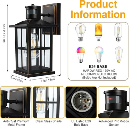 2 Pack Outdoor Motion Sensor Porch Light, Black Exterior Wall Lantern Lighting Fixtures,Dusk to Dawn Outdoor Wall Lights, Waterproof Front Porch Light Outside for Garage, Patio,House.