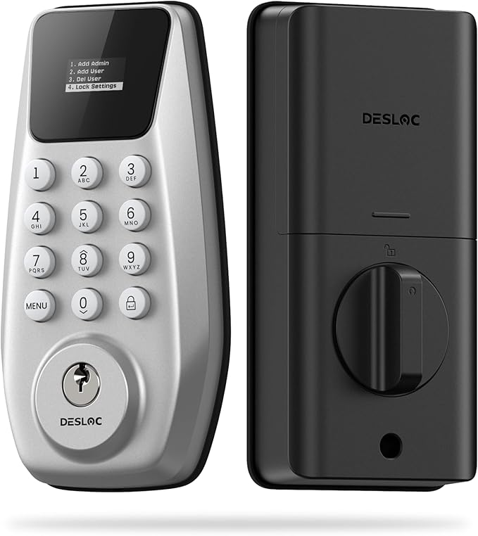 DESLOC C100 Keyless Entry Door Lock with Visual Display, 100 Customizable User Codes and 4 One-Pass code, door locks for front door with 2 Keys,12 Months Battery, IP54, BHMA Grade 3, Auto Lock, Silver