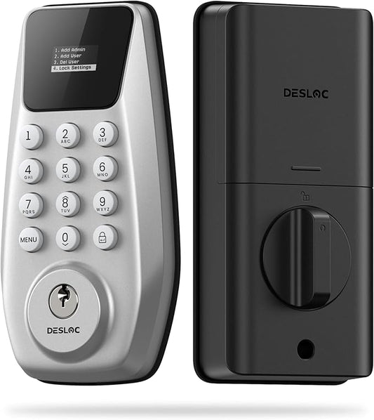 DESLOC C100 Keyless Entry Door Lock with Visual Display, 100 Customizable User Codes and 4 One-Pass code, door locks for front door with 2 Keys,12 Months Battery, IP54, BHMA Grade 3, Auto Lock, Silver
