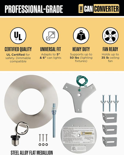 The Can Converter R56 Recessed Can Light Conversion Kit w/ 7"¾ Flat Ceiling Medallion - Home Improvement for 5" & 6" Cans, Converter Kit for Ceiling Fan & Light Fixture, UL Certified, Polished Chrome