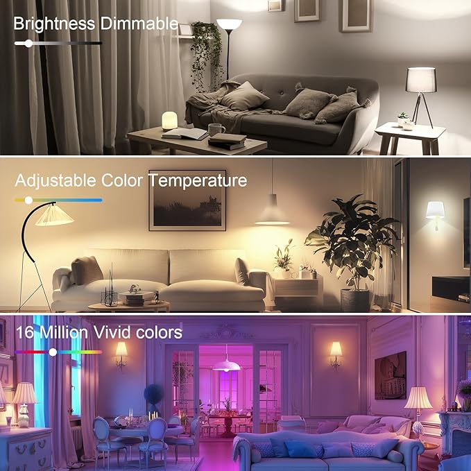 FRIDEKO HOME LED Smart Light Bulbs - Wi-Fi & Bluetooth Light Bulbs, Color Changing Light Bulb Compatible with Alexa and Google Assistant, A19 E26 RGBTW Light Bulb, 800LM (8 Pack)