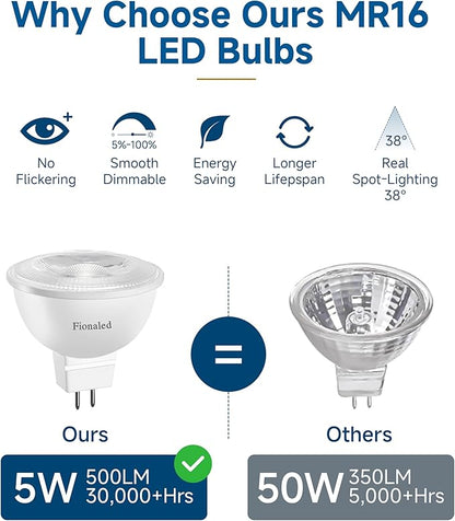 Dimmable MR16 LED Bulbs, 50W Halogen Replacement, 5000K Bright Daylight White, GU5.3 Bipin Base, 5W 12V Low Voltage Landscape Recessed Lighting Bulbs,10-Pack