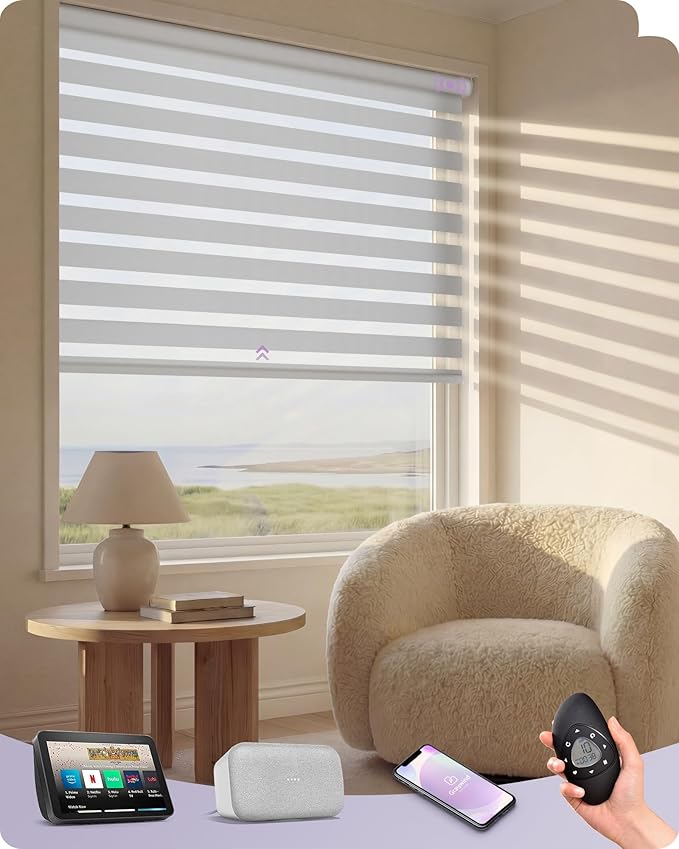 Graywind Motorized Zebra Blinds for Windows, Blackout Smart Blinds with Remote Control, Dual Layer Custom Zebra Shades Work with Alexa, Google Home, Apple Homekit, Classic White