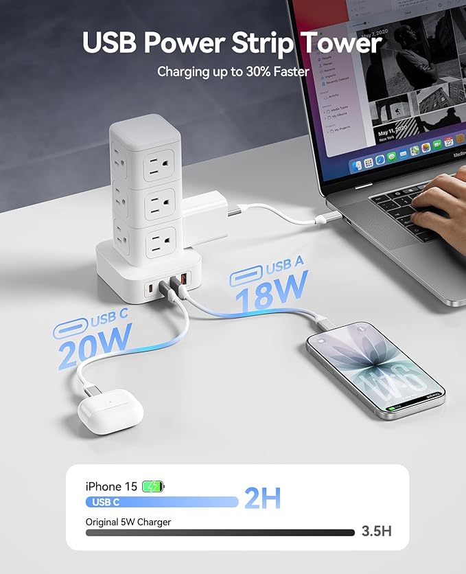 ORICO Tower Power Strip with Surge Protection, Charging Station Tower with 12 AC Outlets 4 USB Ports (2 USB C), Space Saving Design, 5FT Tower Extension Cord for Home, Office, Dorm - TPP20