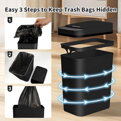 3 Pack Bathroom Trash Can with Lid, 2.5 Gallon Small Slim Trashcan, Automatic Trash Can Touchless, Motion Sensor Waterproof Plastic Trash Bin for Bedroom Kitchen Office Living Room (Black)