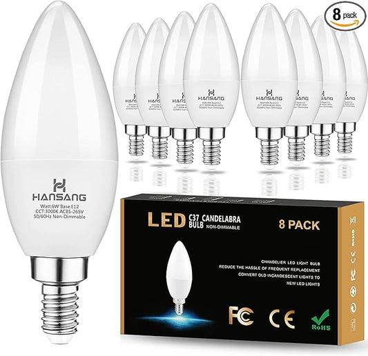 8 Pack E12 LED Candelabra Bulbs 3000K Warm White, B11 Ceiling Fan Light Bulbs Small Base, 6W 60Watt Equivalent, C37 Type B Light Bulb for Chandelier, 600 Lumen, Non-dimmable