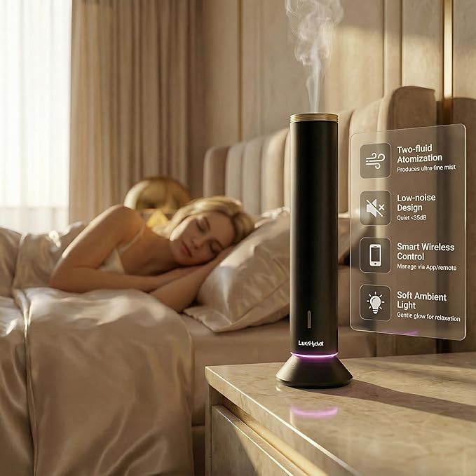 Waterless Essential Oil Diffuser: Smart App & Remote Control, 4000 Sq Ft Coverage, Quiet Aroma Diffuser for Large Room Home Hotel Office, Up to 20H Runtime, 360° Light & Time (Black, Cylindrical)