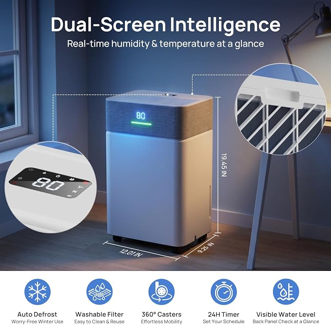 Uthfy 5000Sq.Ft Dehumidifier for Basement with Drain Hose,Large Quiet Smart Compressor Dehumidifiers for Home/Bedroom/Bathroom,Reusable Filter,Dual-Screen,Child Lock,Intelligent Humidistat,24H Timer