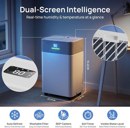 Uthfy 5000Sq.Ft Dehumidifier for Basement with Drain Hose,Smart Compressor Dehumidifiers for Home, Bedroom,with Reusable Filter,Dual-Screen,Child Lock,Intelligent Humidistat,24H Timer,WiFi App Control