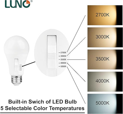 LUNO A19 Dimmable LED Bulb, 6W (40W Equivalent), 480 Lumens, 2700K, 3000K, 3500K, 4000K, 5000K, Color Selectable, 5CCT, UL Listed (4-Pack)