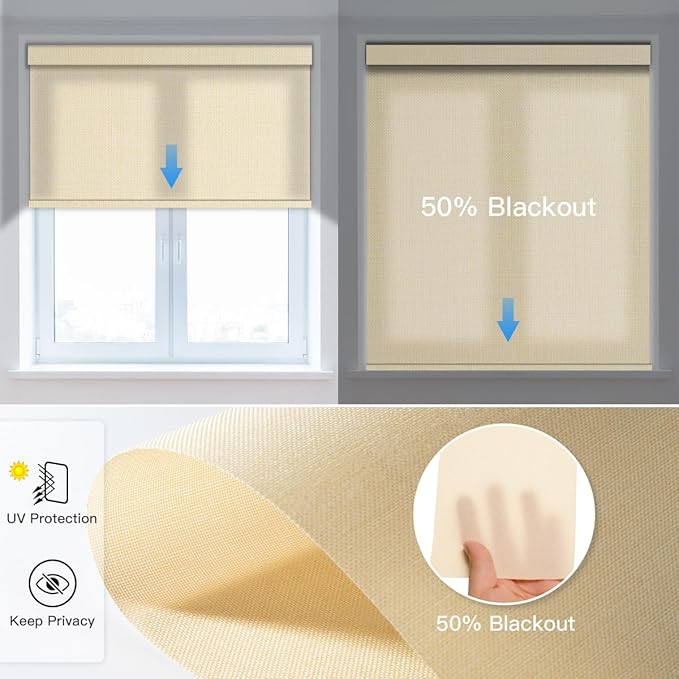 Tokblind Motorized Light Filtering Roller Shade Fabric Covered Valance and Bottom Rod, Remote Control Electric Window Blind Compatible with Alexa Google via Hub, Custom Size (Beige - Wrapped Fabric)