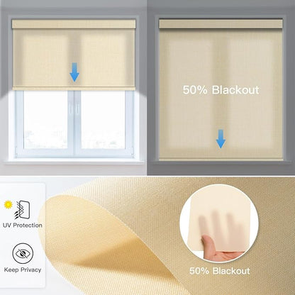 Tokblind Motorized Light Filtering Roller Shade Fabric Covered Valance and Bottom Rod, Remote Control Electric Window Blind Compatible with Alexa Google via Hub, Custom Size (Beige - Wrapped Fabric)