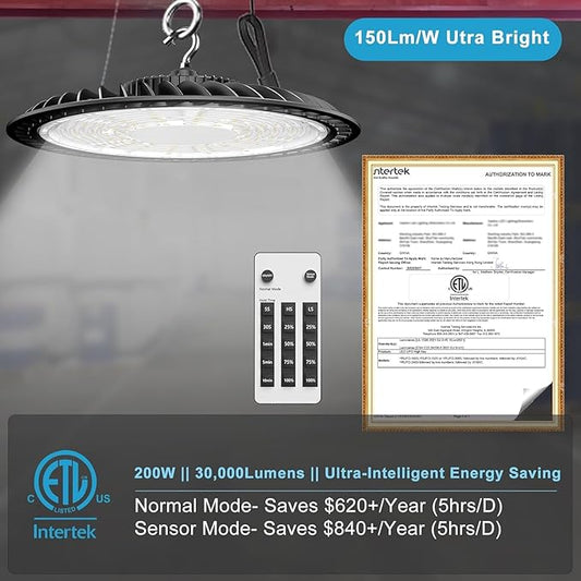 Lightdot Smart 200W LED High Bay Light with Control (Supports Normal Mode & Motion Mode) 30000lm UFO High Bay Shop Light, AC100-277V 5000K Daylight with Plug-4Pack