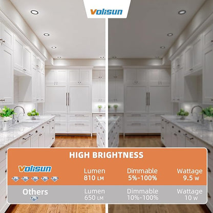 VOLISUN 12 Pack 4 inch Recessed Lighting, 5CCT LED Recessed Light Black, 2700K-5000K Selectable, 9.5W Eqv 80W, 810LM Dimmable Canless Wafer Downlight, LED Ceiling Light ETL Certificated