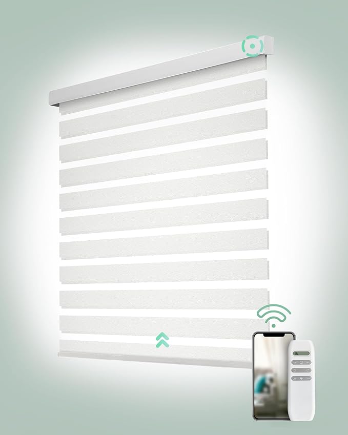 Yoolax Motorized Zebra Blinds, Remote Zebra Shades for Indoor Windows, Motorized Shades with Remote Light Control Horizontal Window Blinds Custom Size(60% Shading Sheer White)