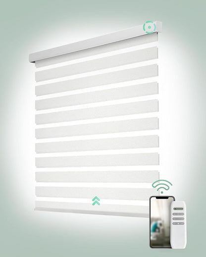 Yoolax Motorized Zebra Blinds, Remote Zebra Shades for Indoor Windows, Motorized Shades with Remote Light Control Horizontal Window Blinds Custom Size(60% Shading Sheer White)